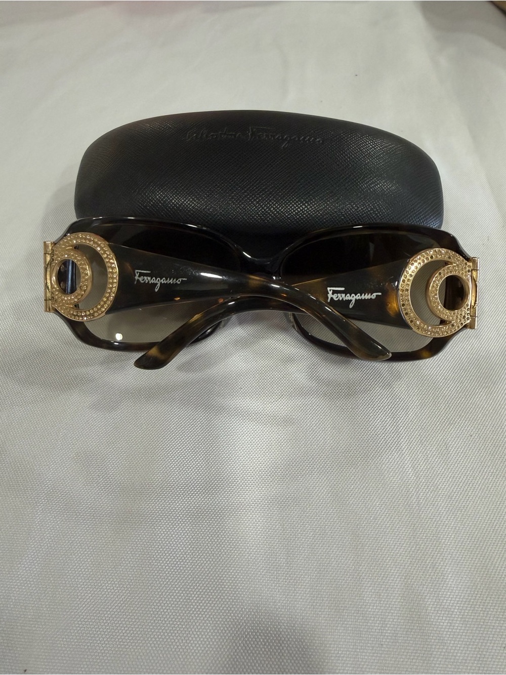 Salvatore Ferragamo Tortoiseshell Sunglasses with Gold Logo Medallions
